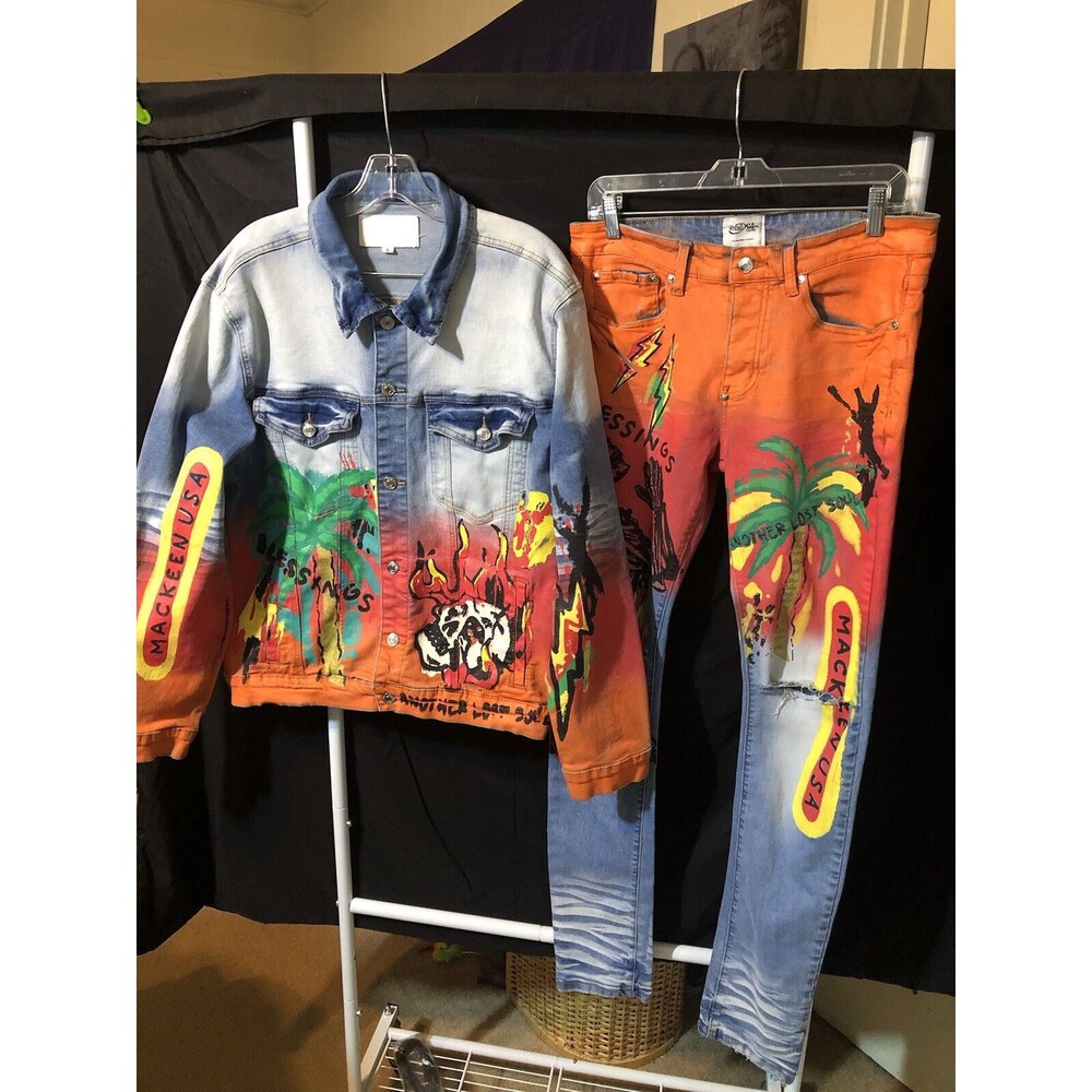 Mackeen Urban Street Wear 30x33 Jeans & Y2K Graffiti Jean Jacket LG  2 Pc Set